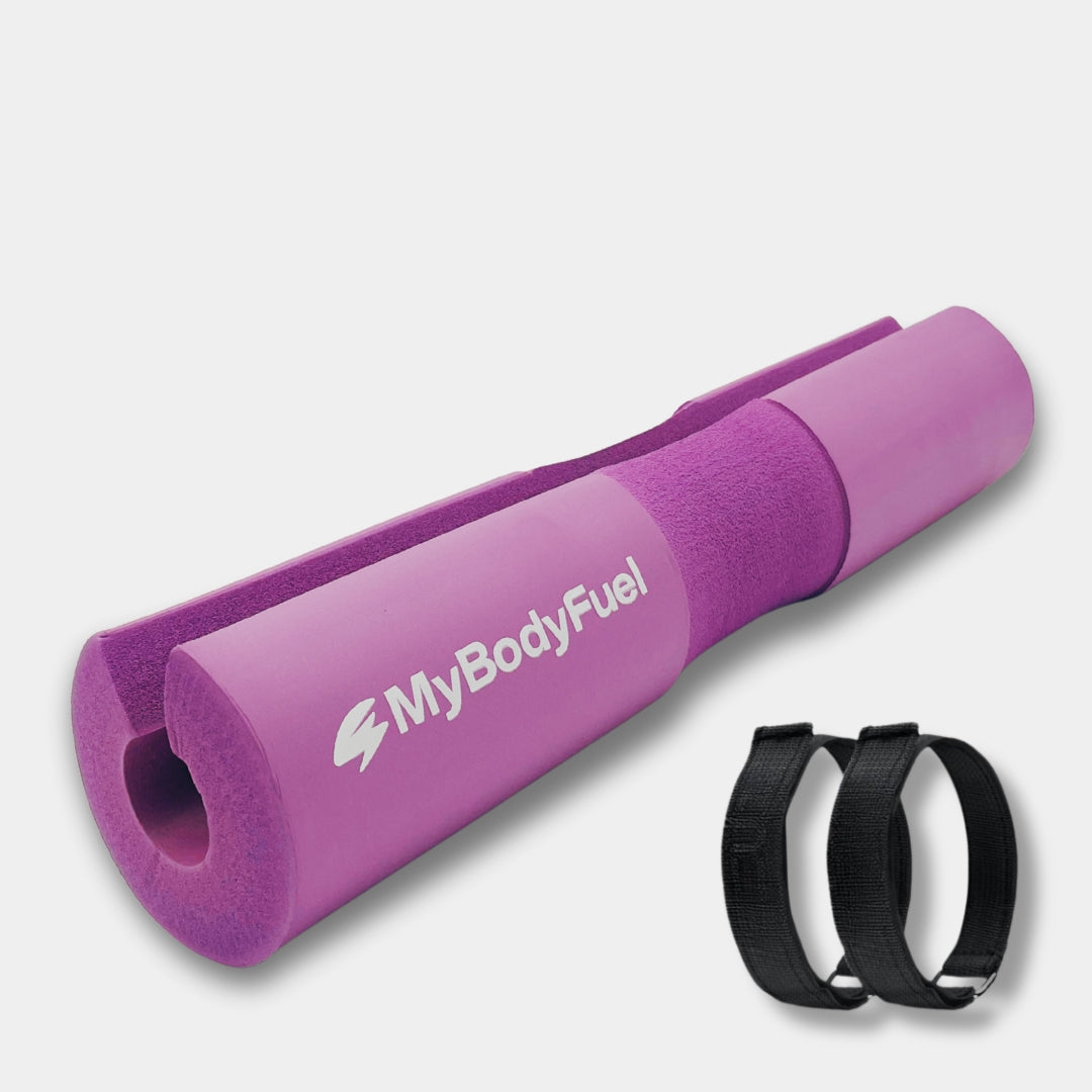 Paarse barbell pad met klittenband straps – MyBodyFuel hip thrust kussen