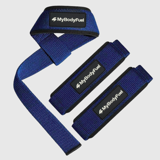 Blauwe MyBodyFuel lifting straps – set van 2 met neopreen polsbanden voor deadlifts en rows