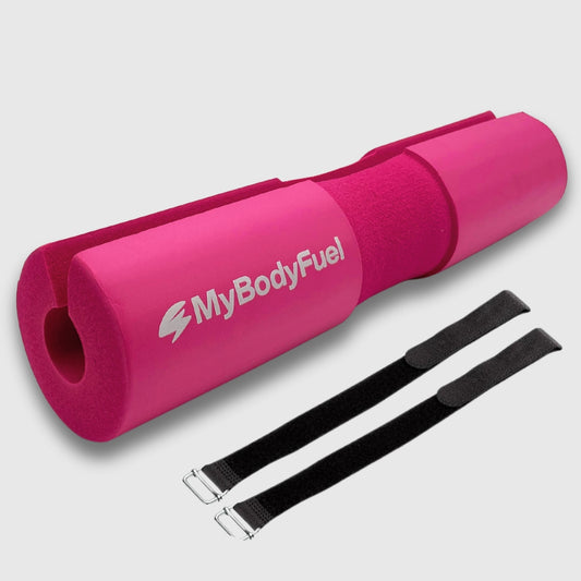 Roze barbell pad met klittenband straps – MyBodyFuel hip thrust kussen