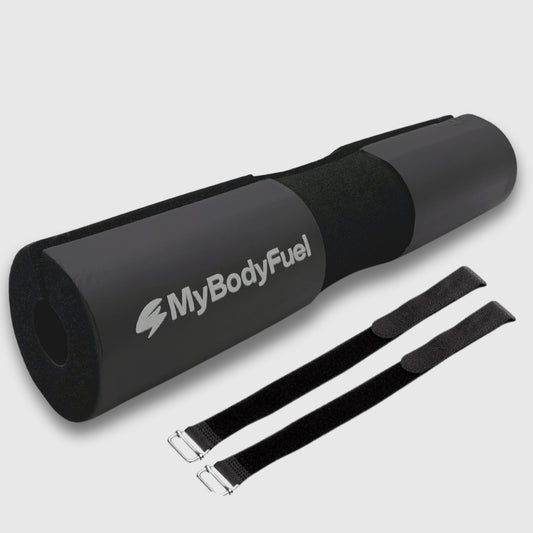 Zwarte barbell pad met klittenband straps – MyBodyFuel hip thrust kussen
