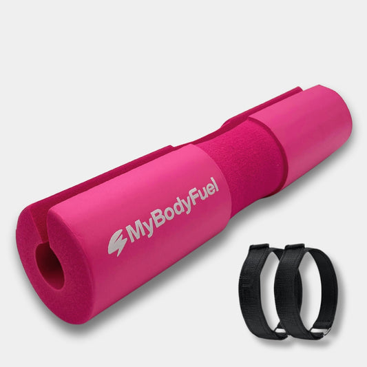 Roze barbell pad met klittenband straps – MyBodyFuel hip thrust kussen