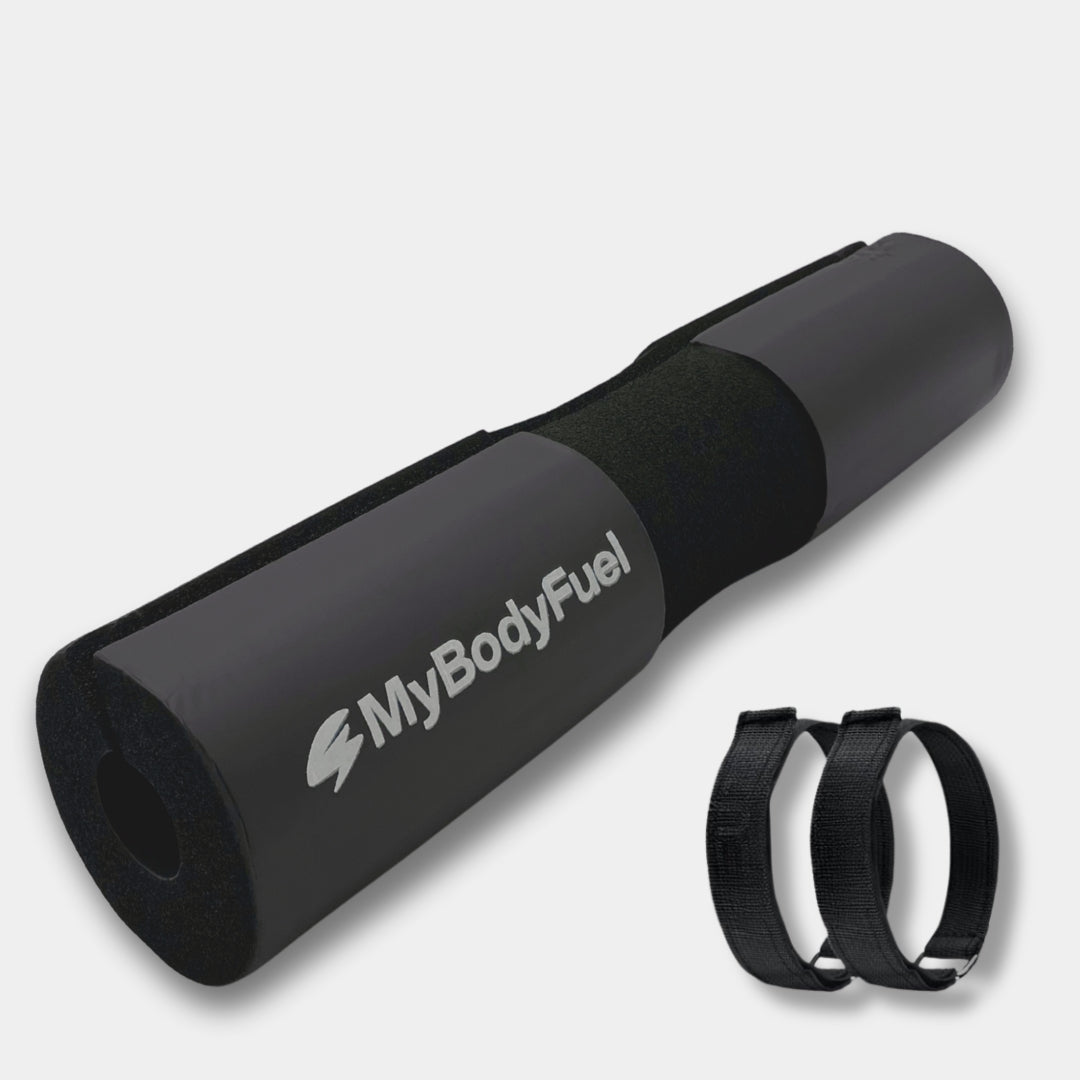 Zwarte barbell pad met klittenband straps – MyBodyFuel hip thrust kussen