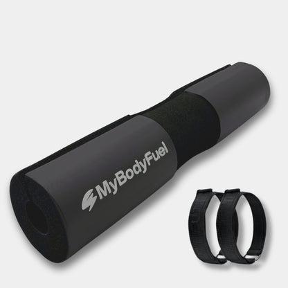 Zwarte barbell pad met klittenband straps – MyBodyFuel hip thrust kussen