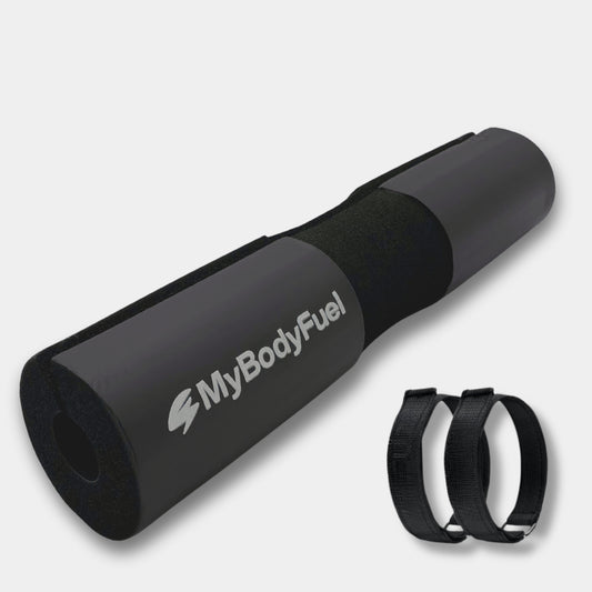 Zwarte barbell pad met klittenband straps – MyBodyFuel hip thrust kussen