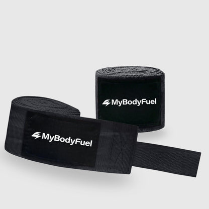 Zwarte MyBodyFuel bokswraps – 5 m katoen met duimlus en klittenband voor pols‑ en knokkelbescherming