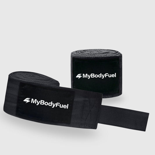 Zwarte MyBodyFuel bokswraps – 5 m katoen met duimlus en klittenband voor pols‑ en knokkelbescherming
