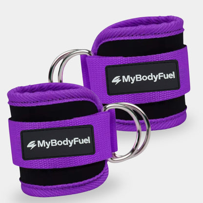 Paarse MyBodyFuel ankle straps – set van 2 neopreen enkelbanden met dubbele stalen D‑ringen