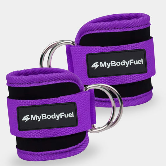 Paarse MyBodyFuel ankle straps – set van 2 neopreen enkelbanden met dubbele stalen D‑ringen