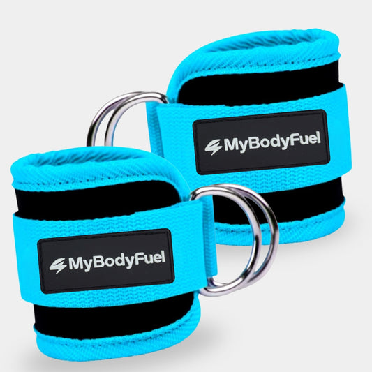 Blauwe MyBodyFuel ankle straps – set van 2 neopreen enkelbanden met dubbele stalen D‑ringen