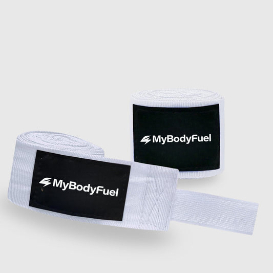 Witte MyBodyFuel bokswraps – 5 m katoen met duimlus en klittenband voor pols‑ en knokkelbescherming