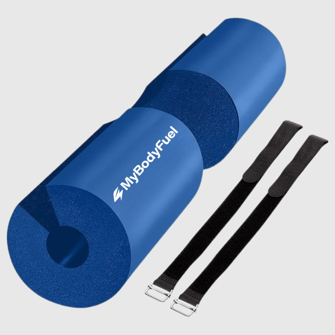 Blauwe barbell pad met klittenband straps – MyBodyFuel hip thrust kussen