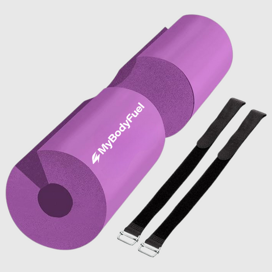 Paarse barbell pad met klittenband straps – MyBodyFuel hip thrust kussen