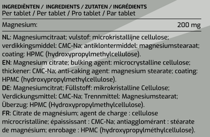 Ingrediënten- en voedingsinformatie van MyBodyFuel Magnesiumcitraat Tabletten – 200 mg per tablet