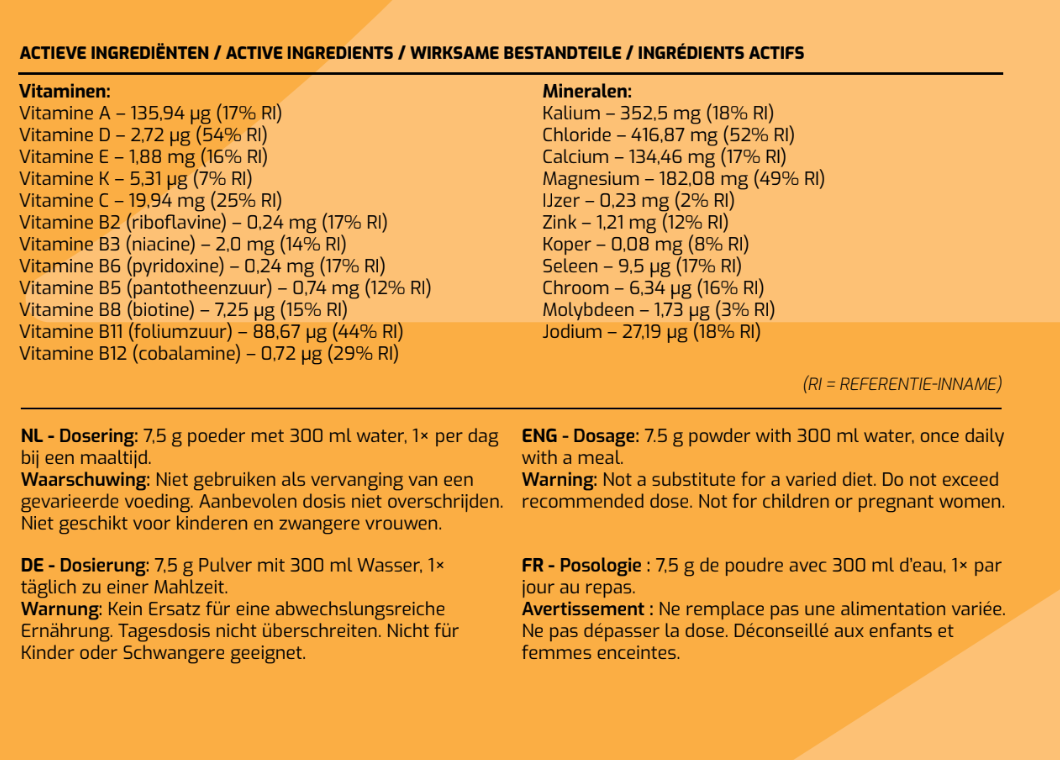 Ingrediëntenlijst MyBodyFuel Vitamin Mix Tropical – multivitamine poeder met vitaminen en mineralen