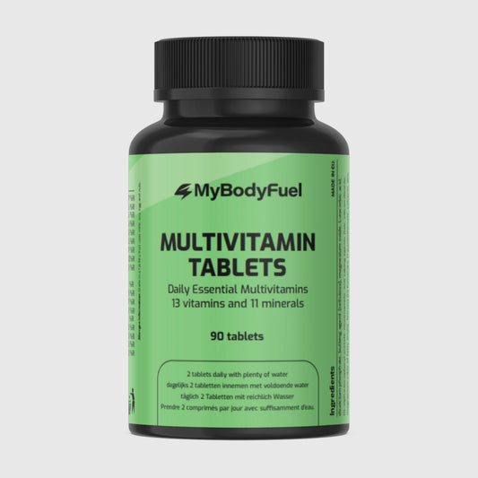 MyBodyFuel Multivitamine tabletten – 90 stuks, bevat 13 vitaminen en 11 mineralen, ondersteunt energie en weerstand.