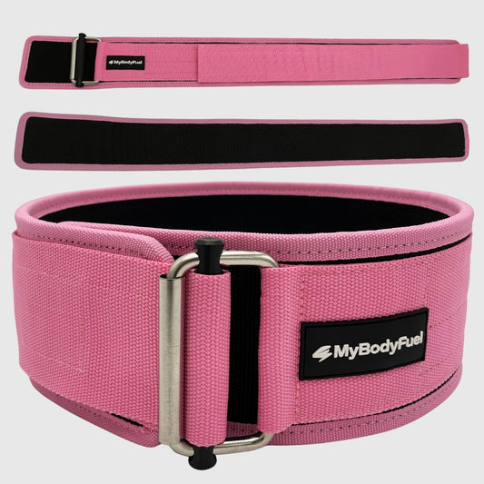 Roze MyBodyFuel lifting belt – verstelbare powerlift riem met stalen buckle en klittenband voor rugondersteuning