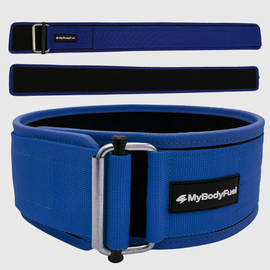 Blauwe MyBodyFuel lifting belt – verstelbare powerlift riem met stalen buckle en klittenband voor rugondersteuning