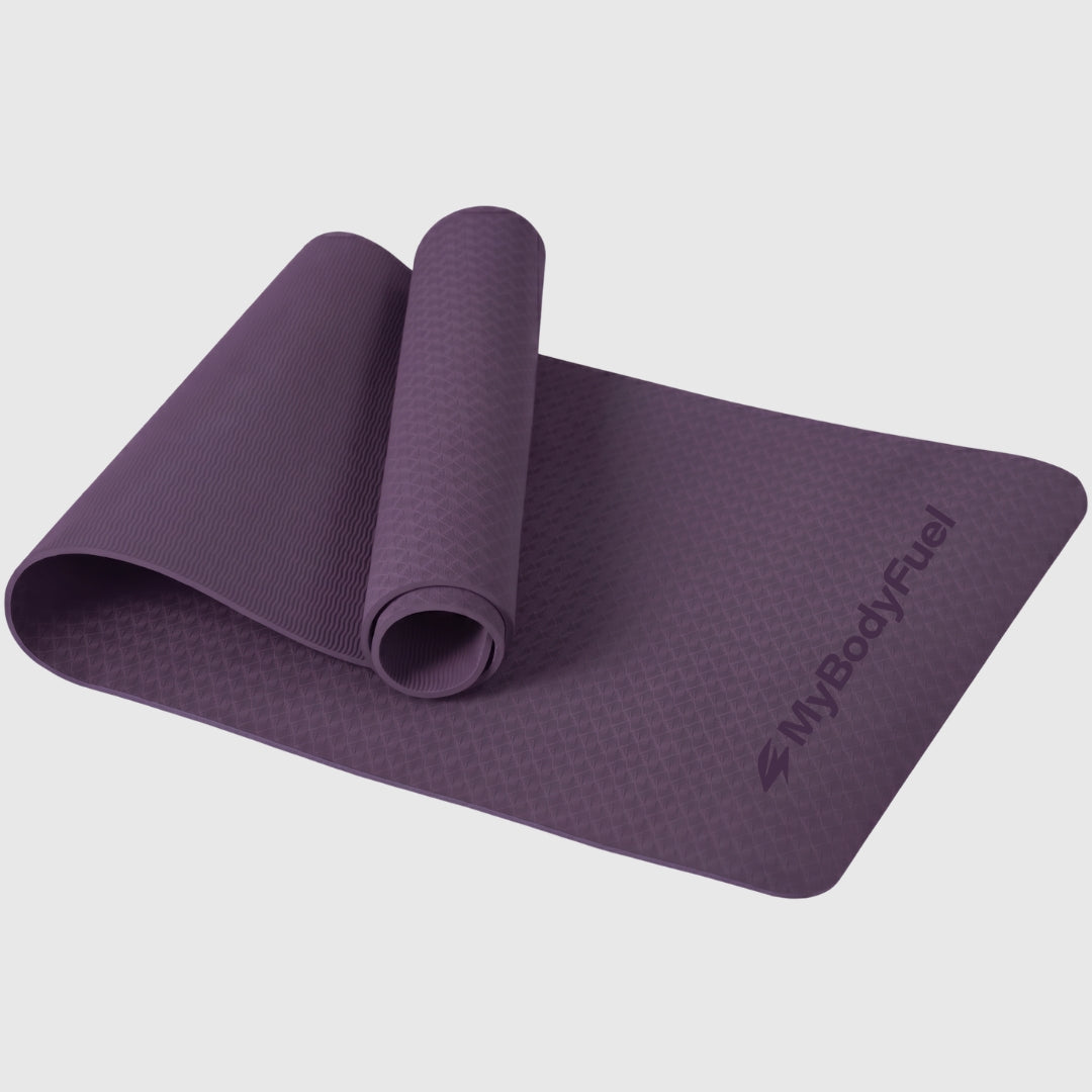 Paarse yogamat MyBodyFuel – opgerold, 6 mm dik, antislip