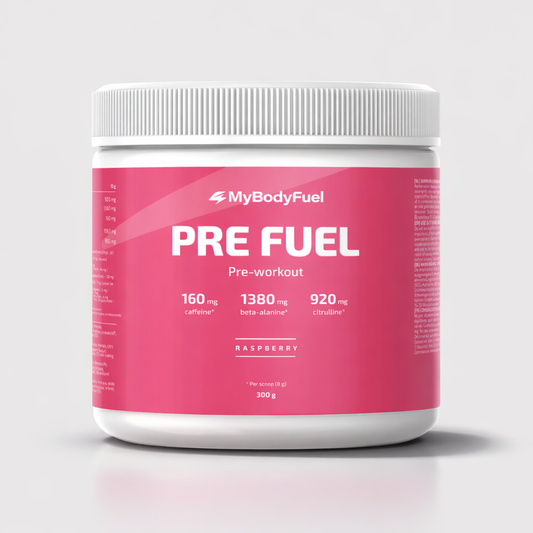 Pot MyBodyFuel Pre Fuel pre‑workout poeder – Raspberry smaak, 300 g