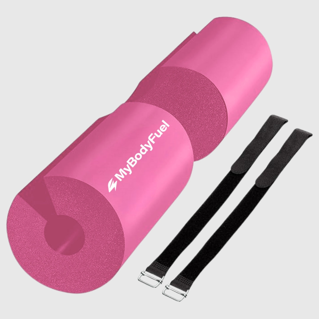 Roze barbell pad met klittenband straps – MyBodyFuel hip thrust kussen