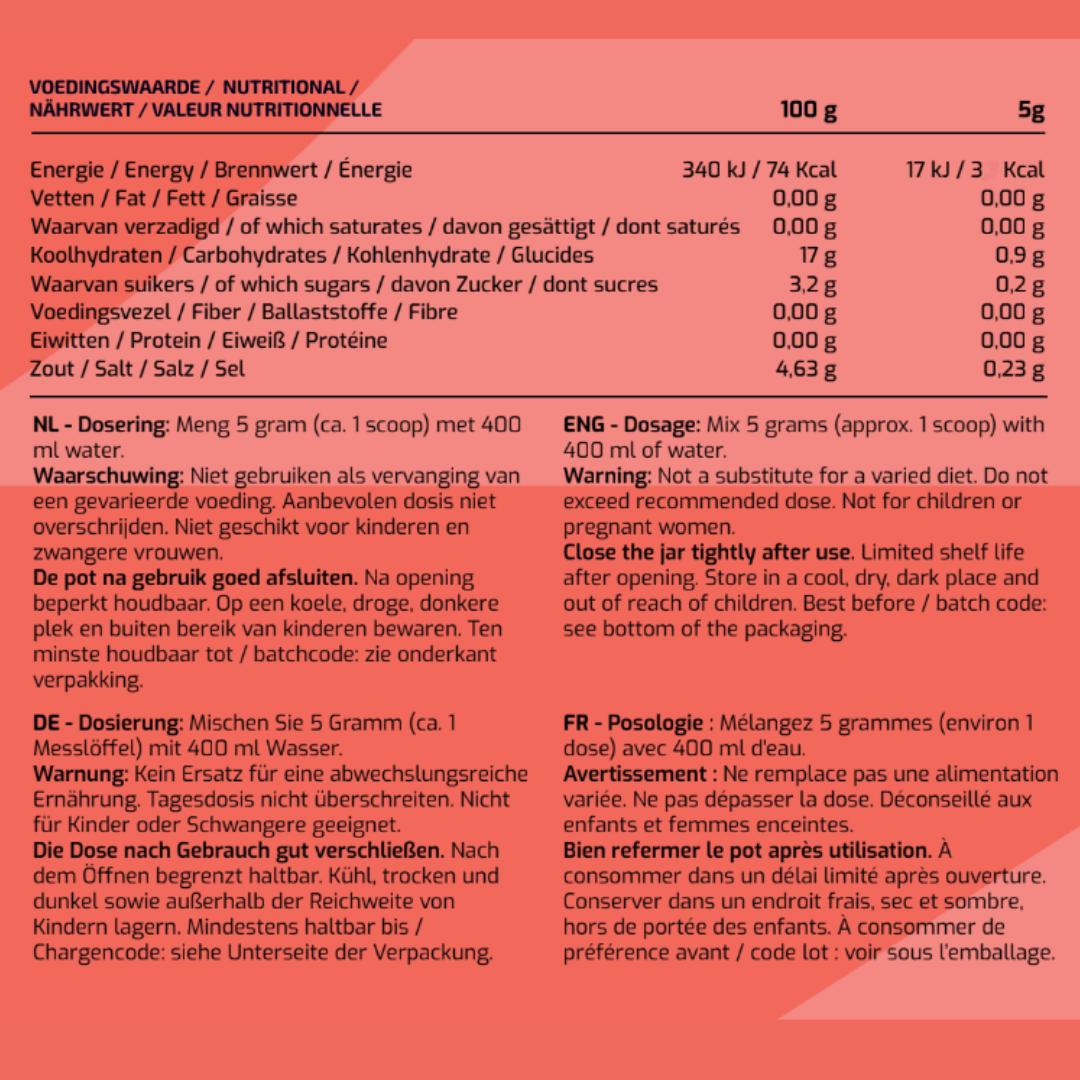 Voedingswaarden en ingrediënten MyBodyFuel Electrolytes Strawberry Lemon – elektrolytenmix voor hydratatie en spierfunctie