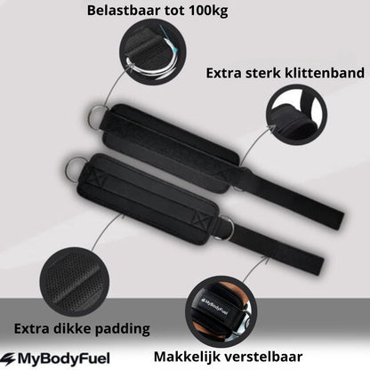 Infographic MyBodyFuel ankle straps: verstevigde stiksels, zachte binnenvoering en extra brede klittenbandsluiting