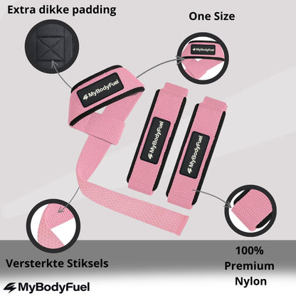 Infographic MyBodyFuel lifting straps: antisliptextuur, versterkte stiksels en extra lange band
