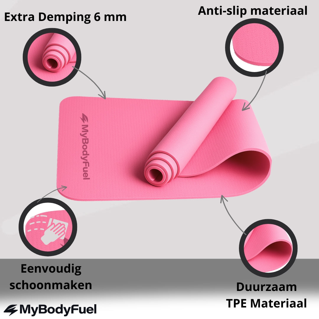 yogamat met infographics over lichtgewicht, duurzame, antislip demping
