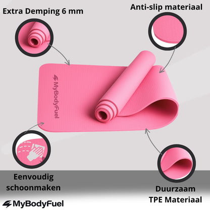 yogamat met infographics over lichtgewicht, duurzame, antislip demping