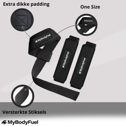Infographic MyBodyFuel lifting straps: antisliptextuur, versterkte stiksels en extra lange band