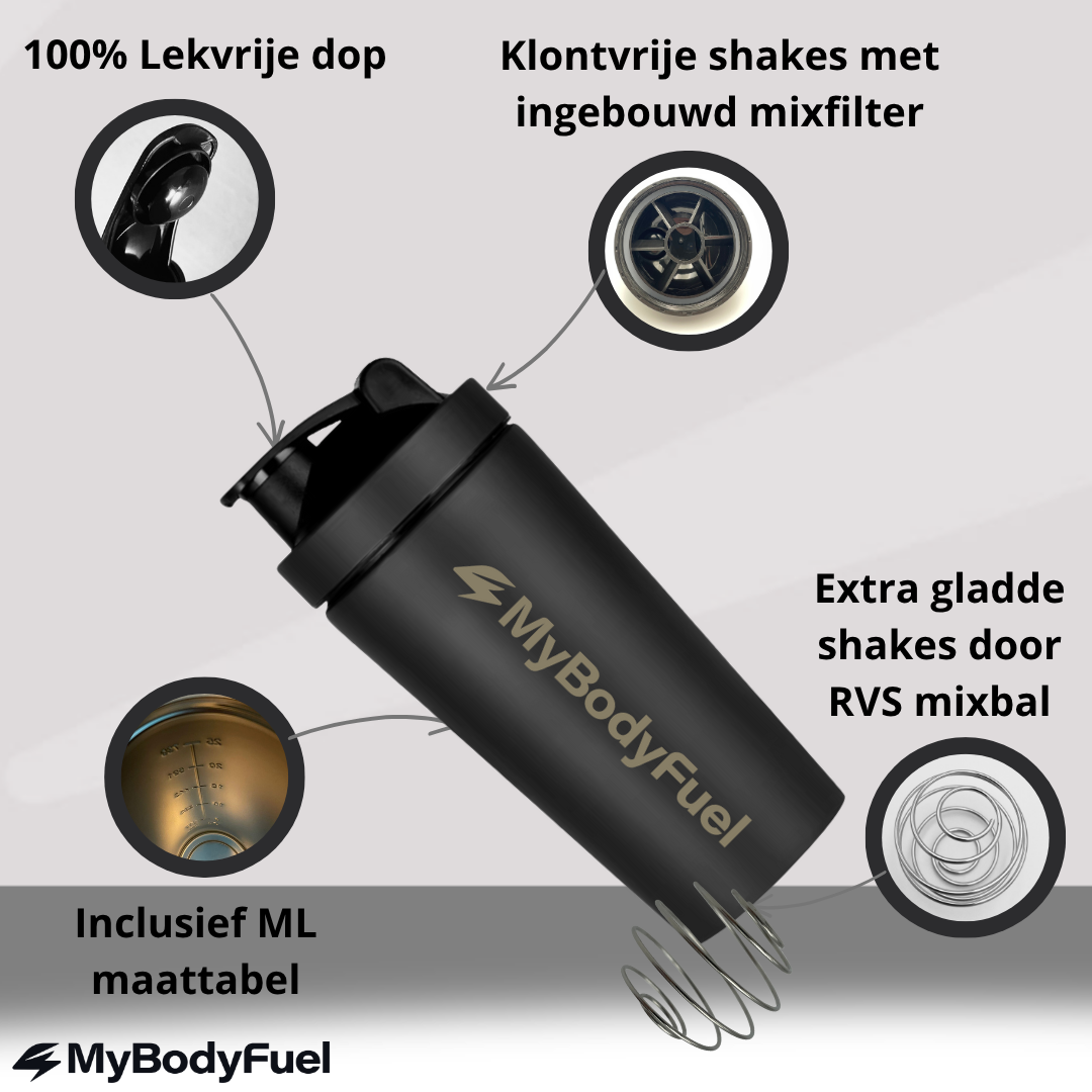 Zwarte RVS shakebeker 750 ml van MyBodyFuel met mixballetje, mixfilter en lekvrije dop – ideaal voor klontvrije shakes en smoothies