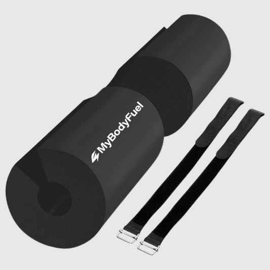 Zwarte barbell pad met klittenband straps – MyBodyFuel hip thrust kussen