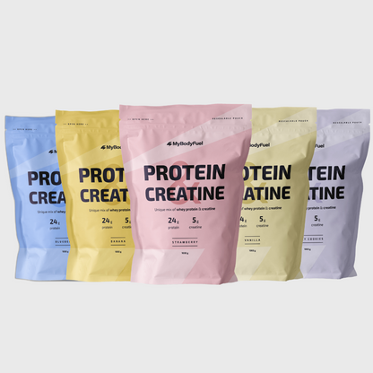 Whey proteïne & creatine mix in vijf heerlijke smaken: banaan, aardbei, vanille, creamy cookies en blueberry voor spierherstel en kracht.