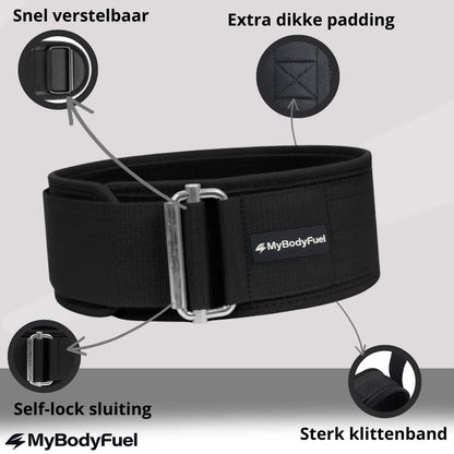 Infographic MyBodyFuel lifting belt: quick‑release stalen buckle, extra dikke lendenpadding en stevige klittenbandsluiting