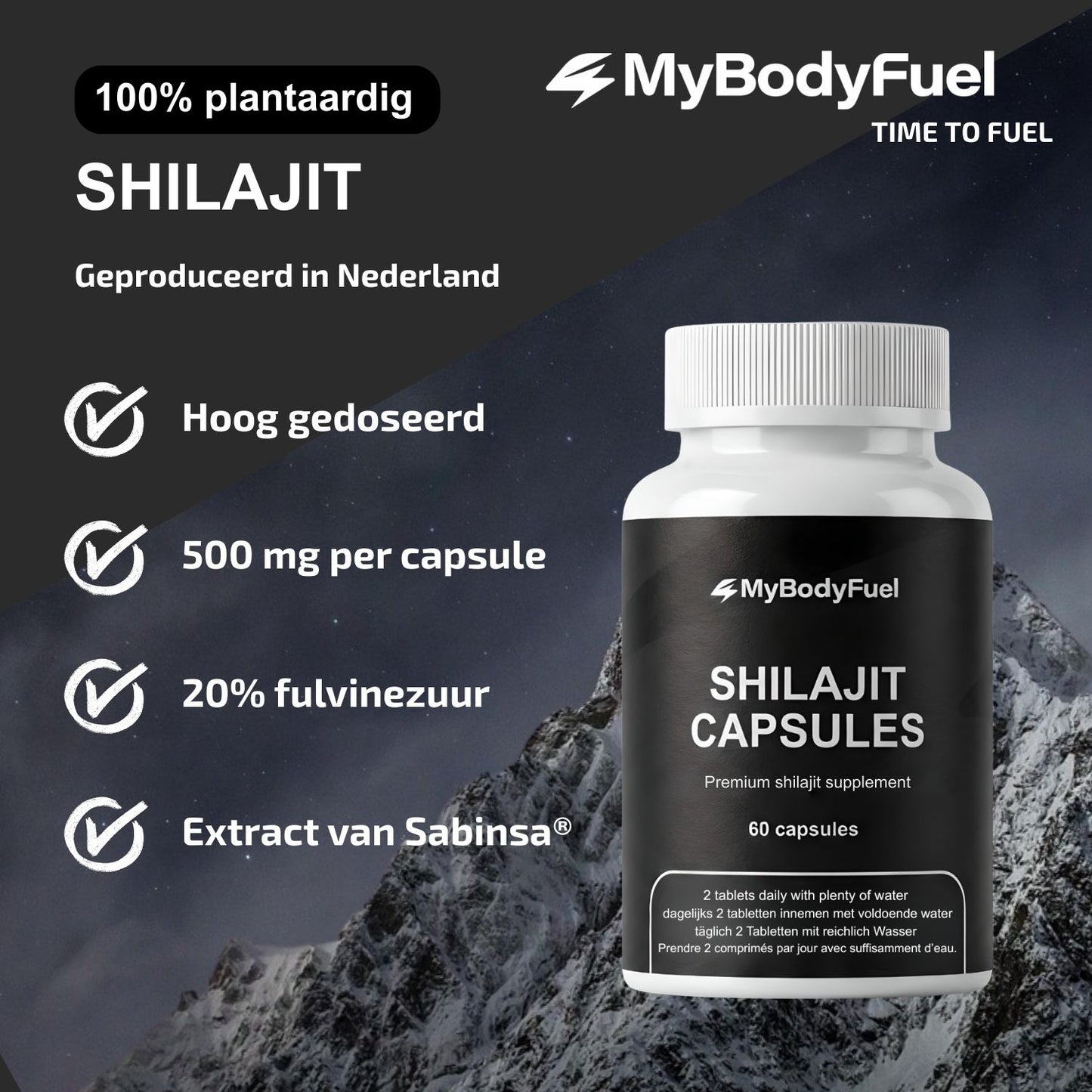 MyBodyFuel shilajit capsules – 100% plantaardig, hoog gedoseerd, 500 mg per capsule met 20% fulvinezuur (Sabinsa® extract).