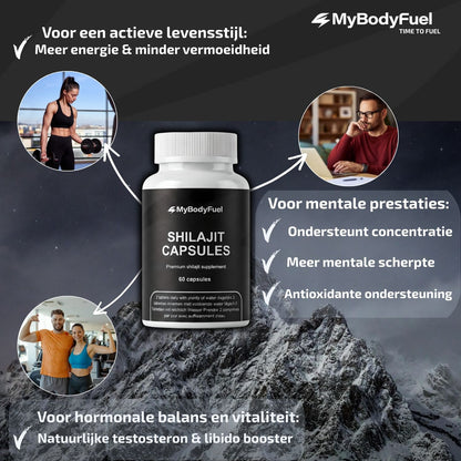 Shilajit capsules van MyBodyFuel – natuurlijk supplement voor energie, mentale prestaties en hormonale balans.